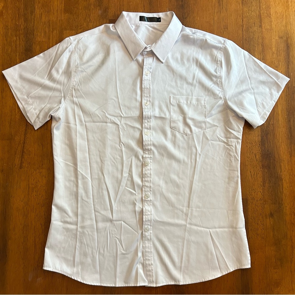 Men’s White Short Sleeve Button-Up Shirt- Large | Lightweight Performance Fabric